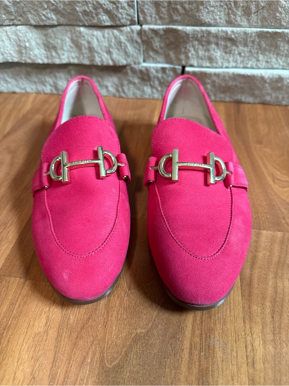 Cole Haan Women's Hot Pink Suede Loafers with Gold Buckle